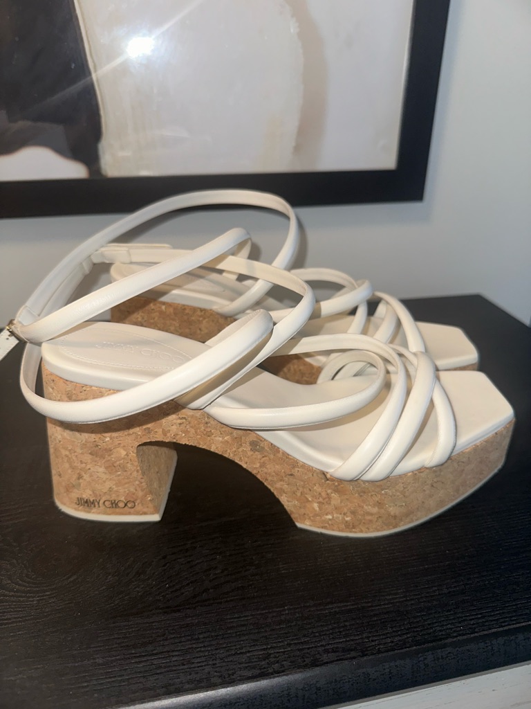 Jimmy Choo White Leather Cork Platform Sandals